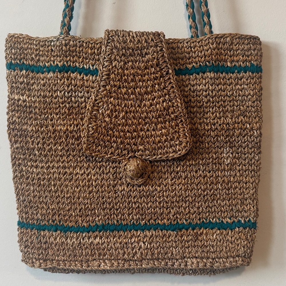 Elegant Tan and Green Woven Shoulder Bag very Vintage Zip Not Working